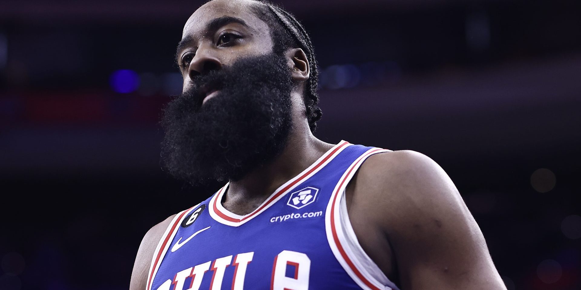 PHILADELPHIA, PENNSYLVANIA - DECEMBER 13: James Harden #1 of the Philadelphia 76ers reacts during the second quarter against the Sacramento Kings  at Wells Fargo Center on December 13, 2022 in Philadelphia, Pennsylvania. NOTE TO USER: User expressly acknowledges and agrees that, by downloading and or using this photograph, User is consenting to the terms and conditions of the Getty Images License Agreement. (Photo by Tim Nwachukwu/Getty Images)