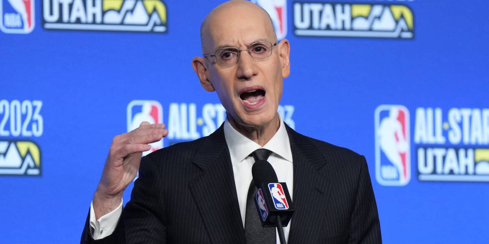 Feb 18, 2023; Salt Lake City, UT, USA; NBA commissioner Adam Silver speaks in a press conference during the 2023 All Star Saturday Night at Vivint Arena. Mandatory Credit: Kirby Lee-USA TODAY Sports