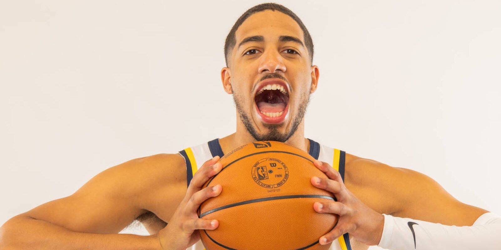 Oct 2, 2023; Indianapolis, IN, USA; Indiana Pacers guard Tyrese Haliburton (0) poses for a photo during the Indiana Pacers media day. Mandatory Credit: Trevor Ruszkowski-USA TODAY Sports