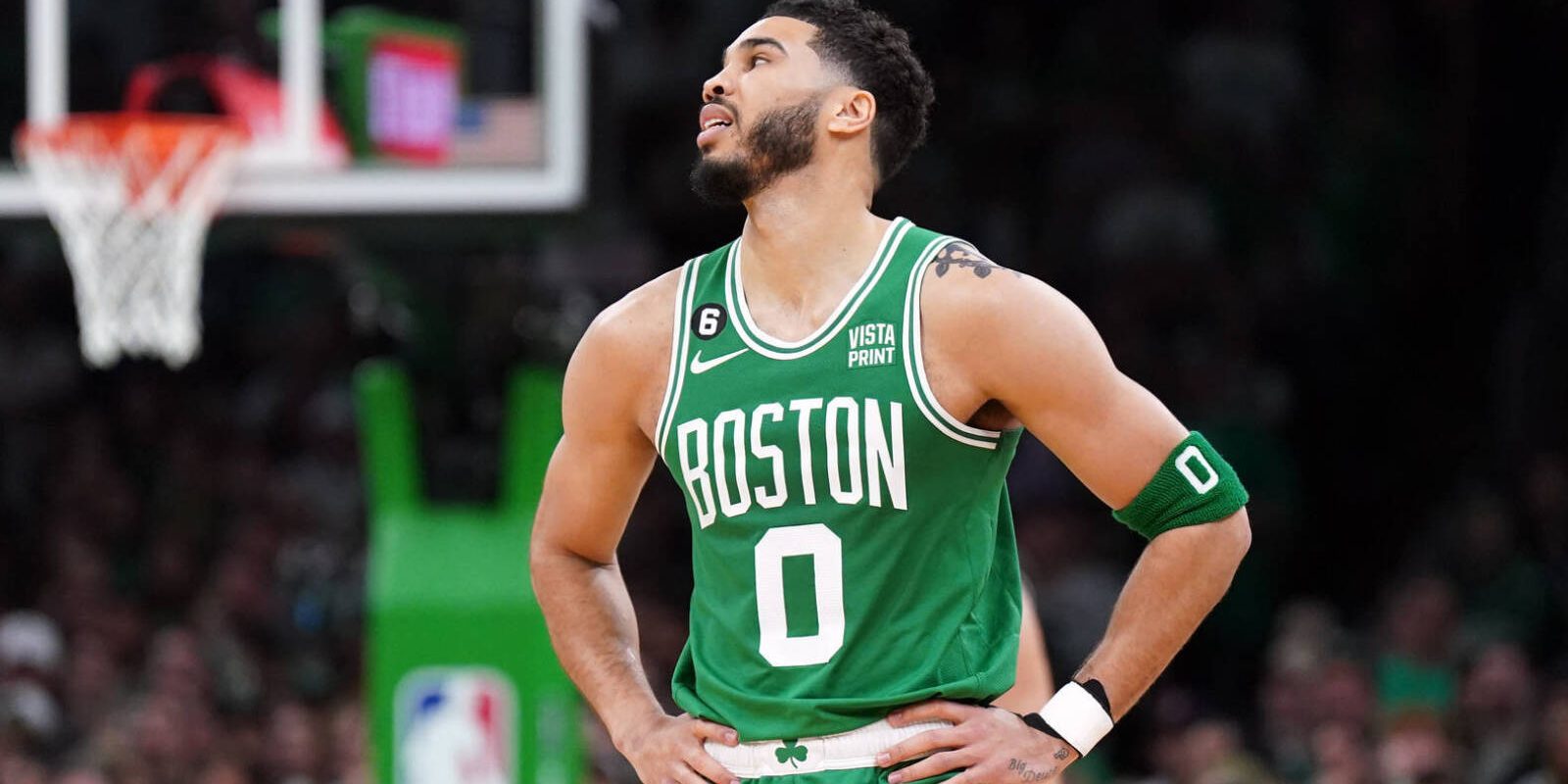 May 29, 2023; Boston, Massachusetts, USA; Boston Celtics forward Jayson Tatum (0) reacts in the first quarter against the Miami Heat during game seven of the Eastern Conference Finals for the 2023 NBA playoffs at TD Garden. Mandatory Credit: David Butler II-USA TODAY Sports