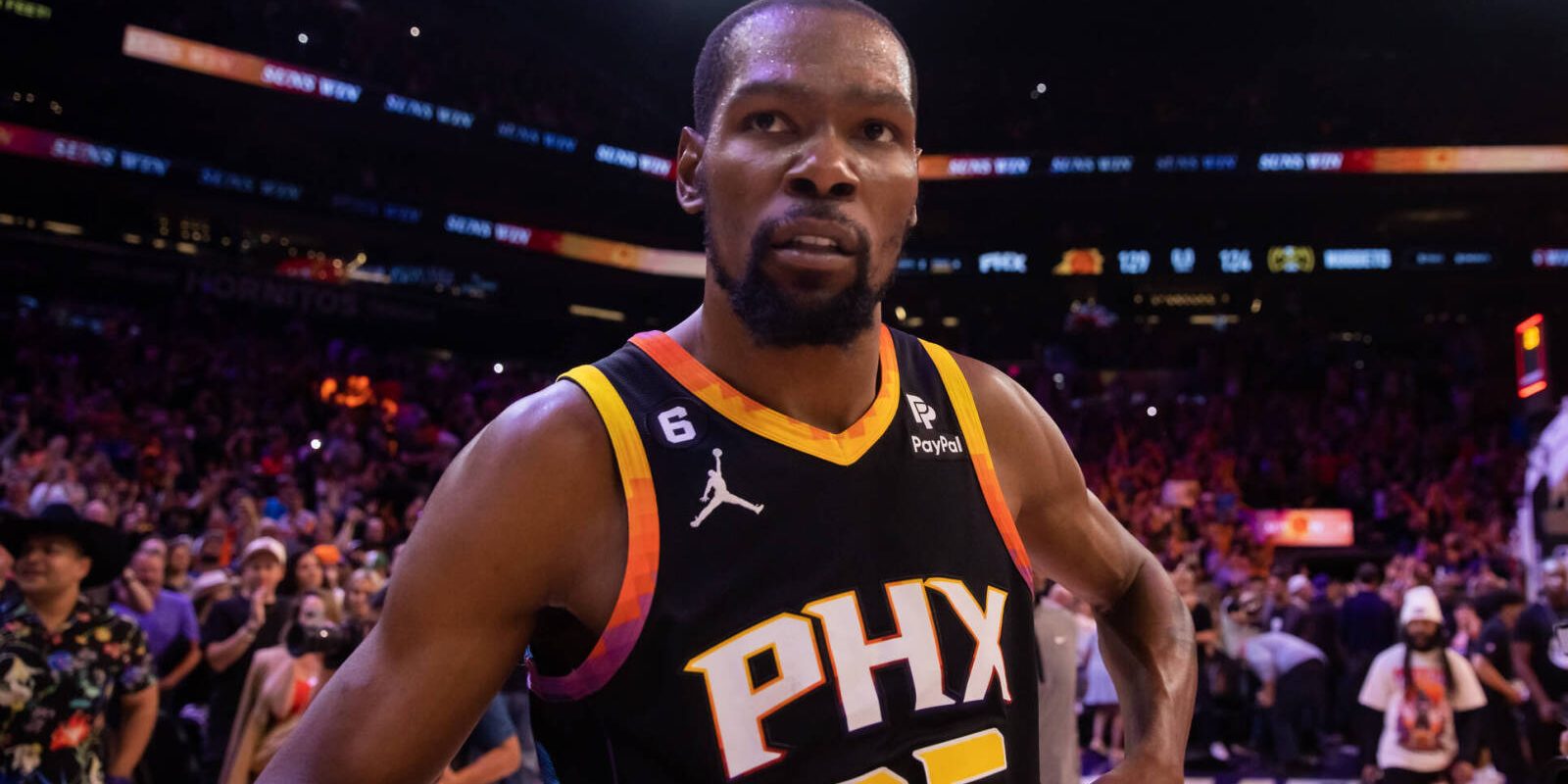 May 7, 2023; Phoenix, Arizona, USA; Phoenix Suns forward Kevin Durant (35) after defeating the Denver Nuggets during game four of the 2023 NBA playoffs at Footprint Center. Mandatory Credit: Mark J. Rebilas-USA TODAY Sports