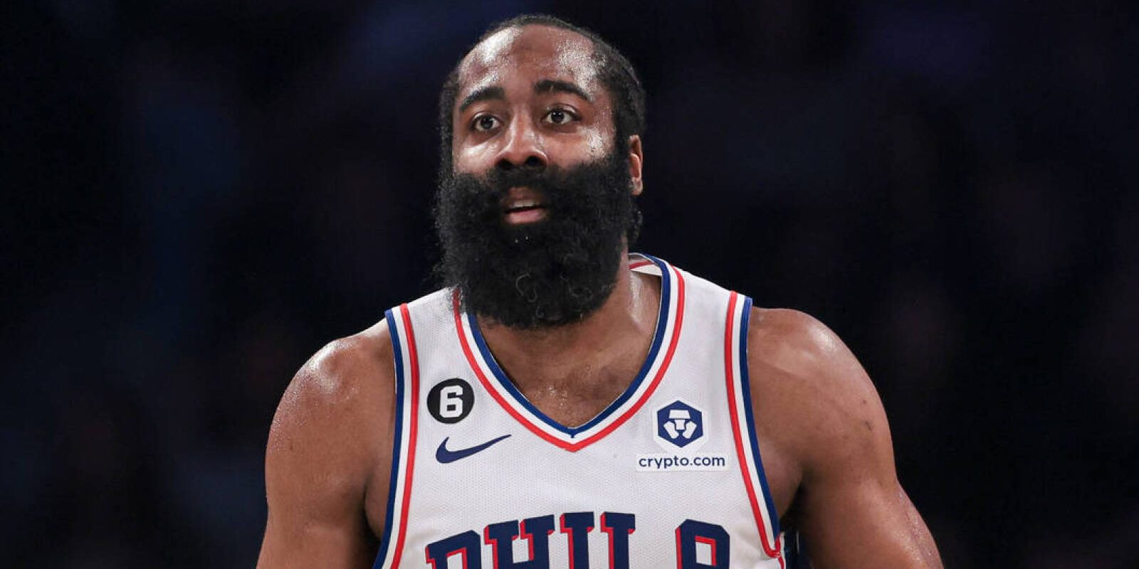 Apr 22, 2023; Brooklyn, New York, USA; Philadelphia 76ers guard James Harden (1) dribbles up court against the Brooklyn Nets during the second quarter of game four of the 2023 NBA playoffs at Barclays Center. Mandatory Credit: Vincent Carchietta-USA TODAY Sports