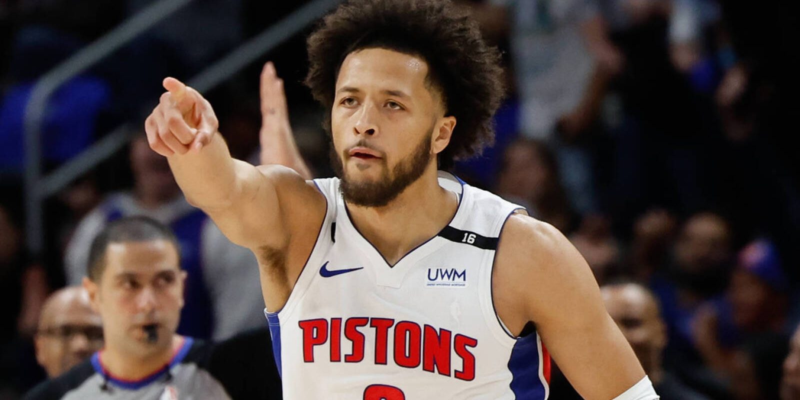 Oct 19, 2022; Detroit, Michigan, USA;  Detroit Pistons guard Cade Cunningham (2) celebrates after he makes a three point basket in the first half against the Orlando Magic at Little Caesars Arena. Mandatory Credit: Rick Osentoski-USA TODAY Sports