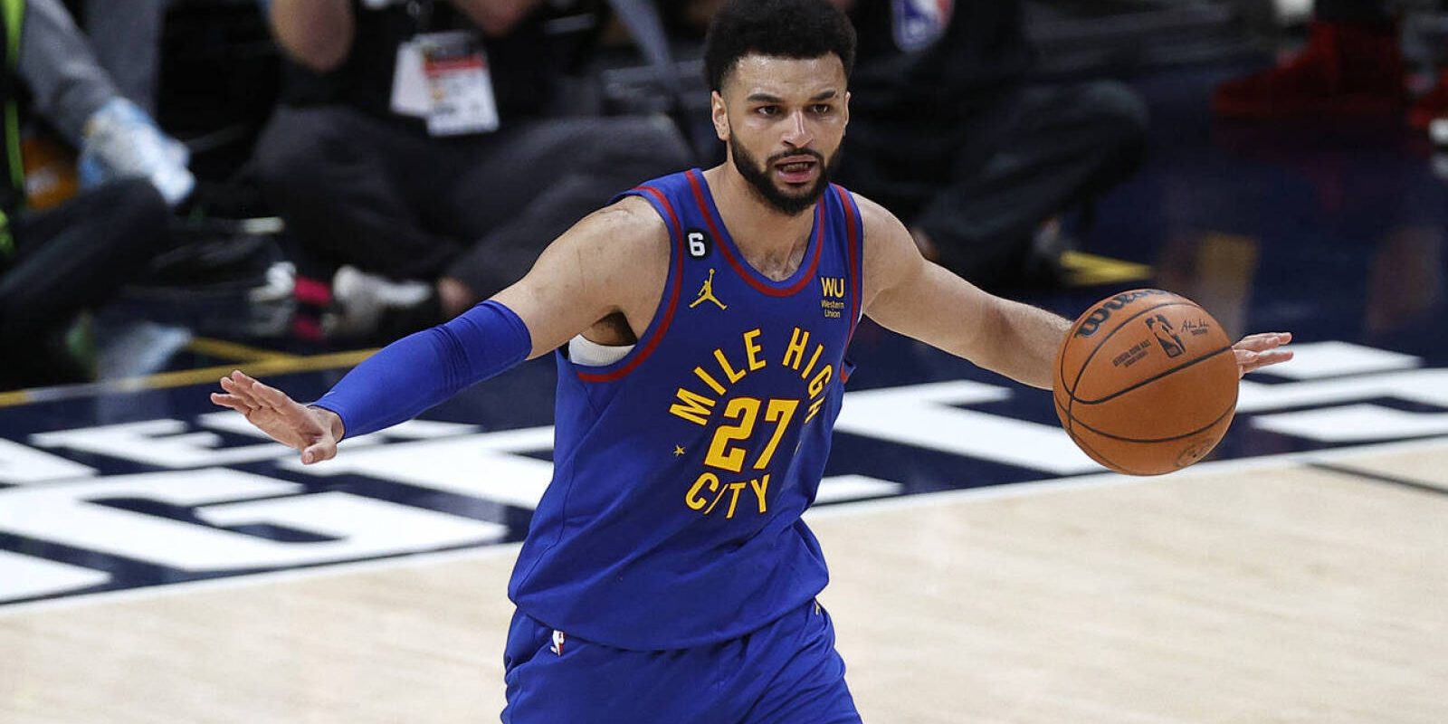 Jun 1, 2023; Denver, CO, USA; Denver Nuggets guard Jamal Murray (27) gestures while dribbling the ball against the Miami Heat during the second quarter in game one of the 2023 NBA Finals at Ball Arena. Mandatory Credit: Isaiah J. Downing-USA TODAY Sports