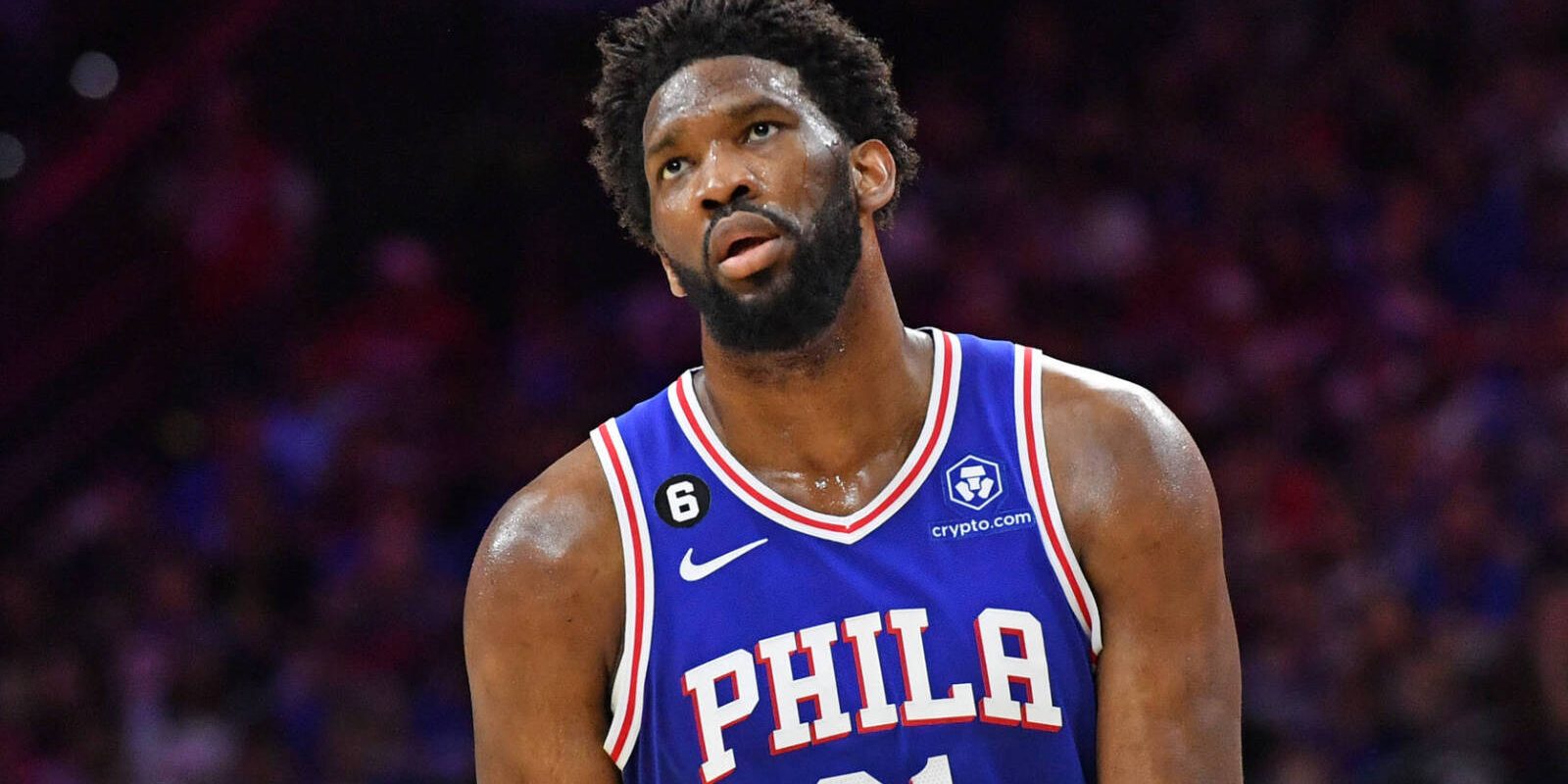 May 7, 2023; Philadelphia, Pennsylvania, USA; Philadelphia 76ers center Joel Embiid (21) against the Boston Celtics during the fourth quarter of game four of the 2023 NBA playoffs at Wells Fargo Center. Mandatory Credit: Eric Hartline-USA TODAY Sports