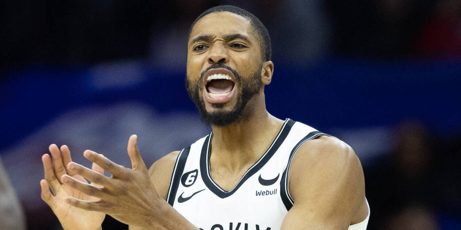 Apr 17, 2023; Philadelphia, Pennsylvania, USA; Brooklyn Nets forward Mikal Bridges (1) reacts after a defensive stop against the Philadelphia 76ers during the third quarter in game two of the 2023 NBA playoffs at Wells Fargo Center. Mandatory Credit: Bill Streicher-USA TODAY Sports
