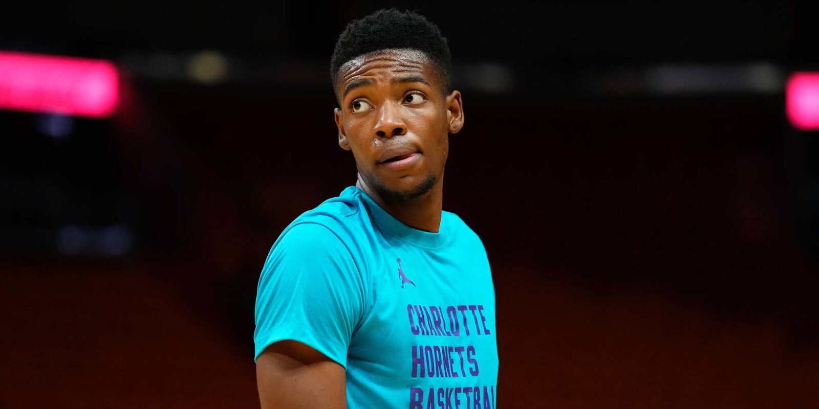 Oct 10, 2023; Miami, Florida, USA; Charlotte Hornets forward Brandon Miller (24) warms up prior to a preseason game against the Miami Heat at Kaseya Center. Mandatory Credit: Rich Storry-USA TODAY Sports