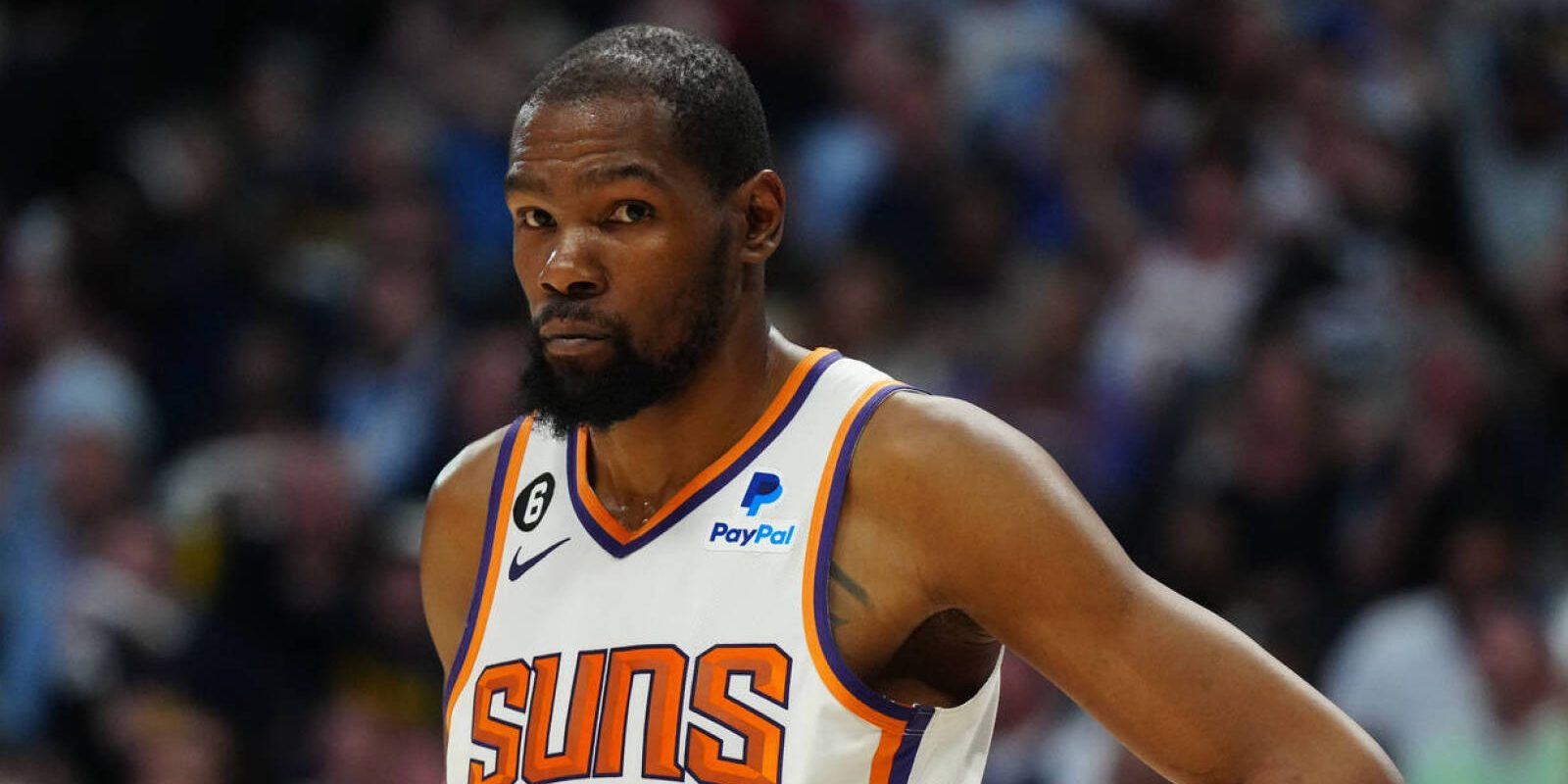 May 1, 2023; Denver, Colorado, USA; Phoenix Suns forward Kevin Durant (35) reacts in the second half against the Denver Nuggets during game two of the 2023 NBA playoffs at Ball Arena. Mandatory Credit: Ron Chenoy-USA TODAY Sports