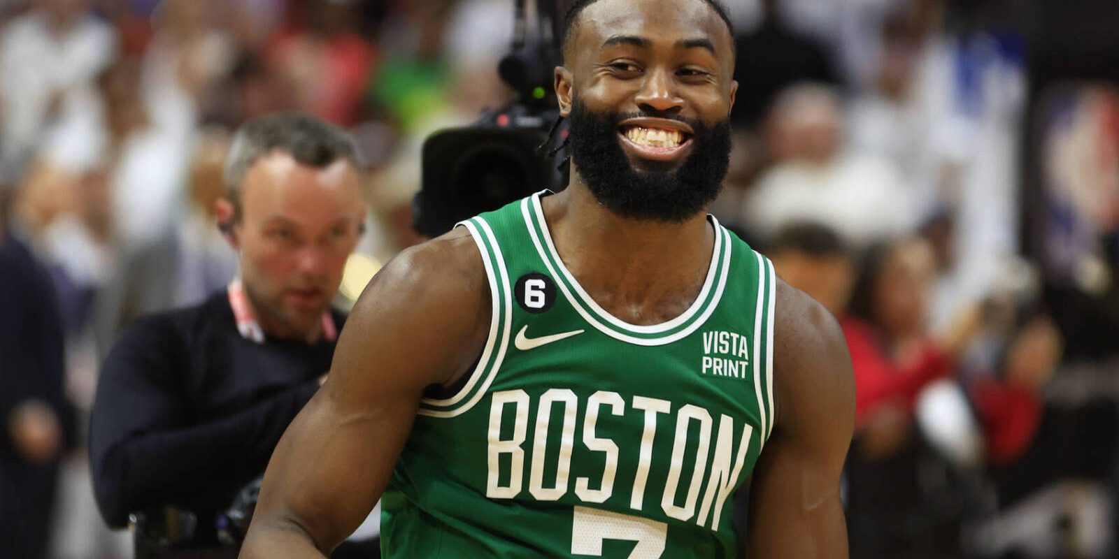 MIAMI, FLORIDA - MAY 27: Jaylen Brown #7 of the Boston Celtics reacts to defeating the Miami Heat 104-103 in game six of the Eastern Conference Finals at Kaseya Center on May 27, 2023 in Miami, Florida. NOTE TO USER: User expressly acknowledges and agrees that, by downloading and or using this photograph, User is consenting to the terms and conditions of the Getty Images License Agreement. (Photo by Mike Ehrmann/Getty Images)