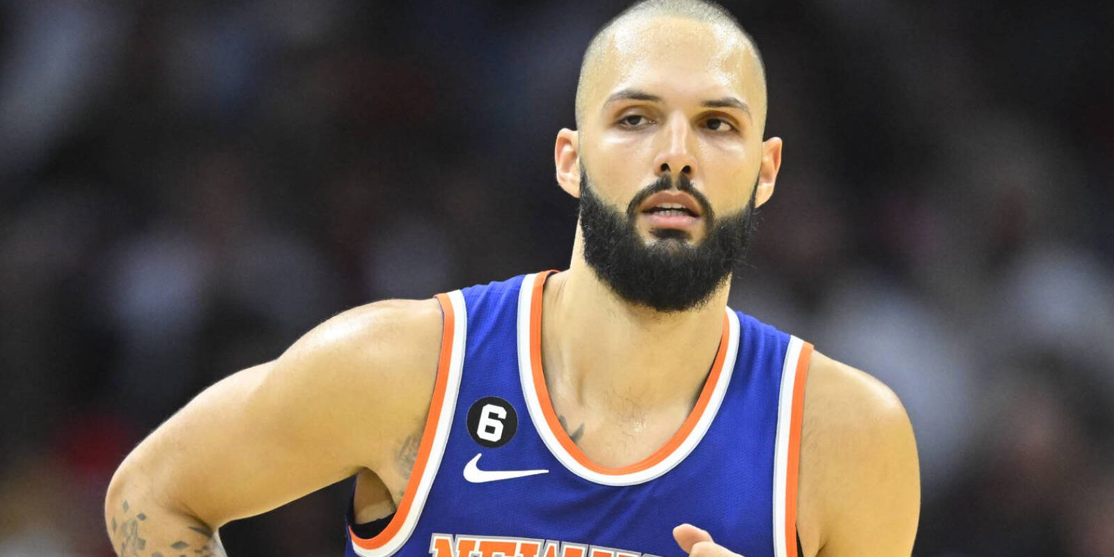 Oct 30, 2022; Cleveland, Ohio, USA; New York Knicks guard Evan Fournier (13) reacts after a three-point basket in the third quarter against the Cleveland Cavaliers at Rocket Mortgage FieldHouse. Mandatory Credit: David Richard-USA TODAY Sports