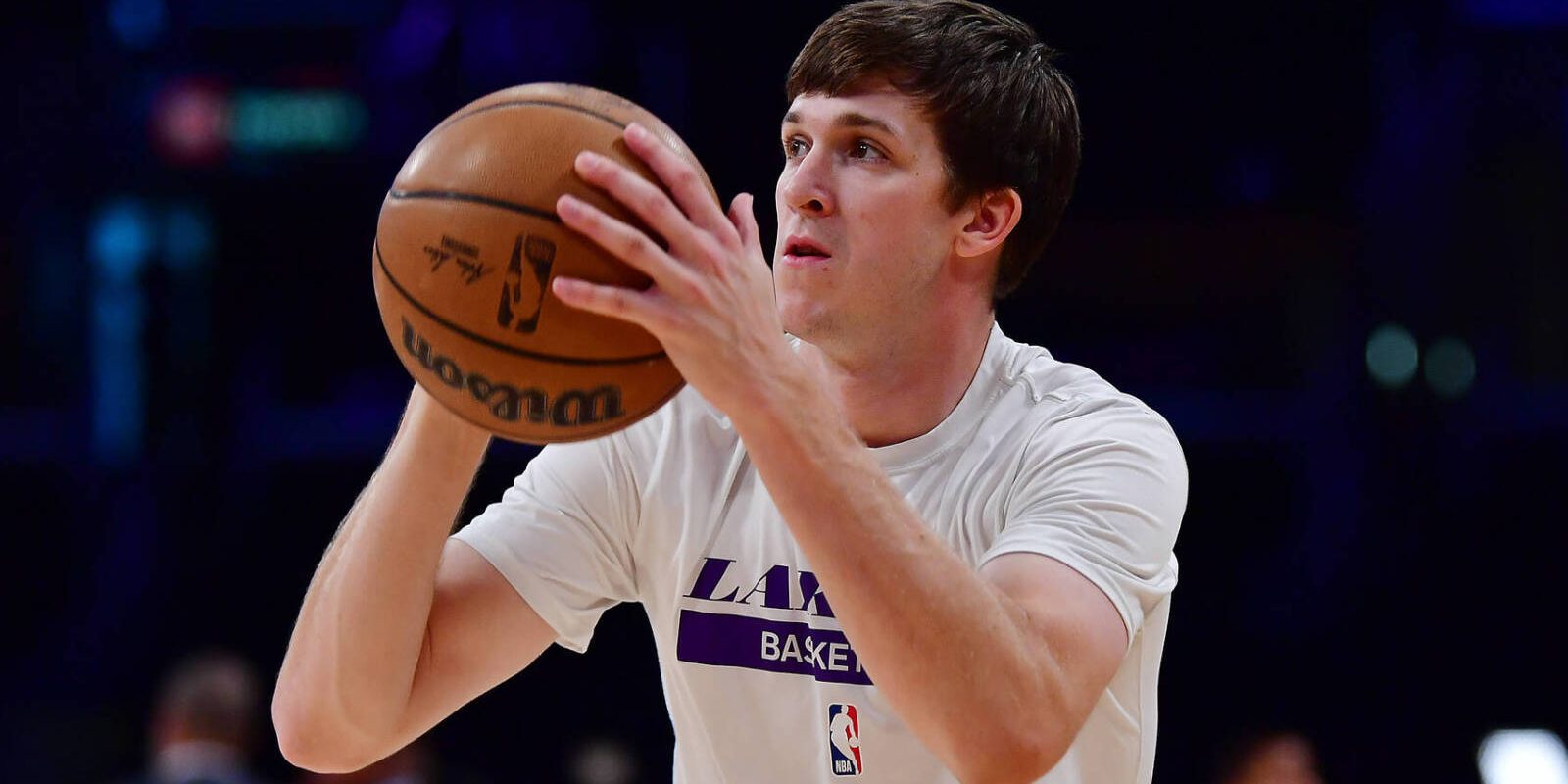 May 22, 2023; Los Angeles, California, USA; Los Angeles Lakers guard Austin Reaves (15) practices before playing against the Denver Nuggets in game four of the Western Conference Finals for the 2023 NBA playoffs at Crypto.com Arena. Mandatory Credit: Gary A. Vasquez-USA TODAY Sports