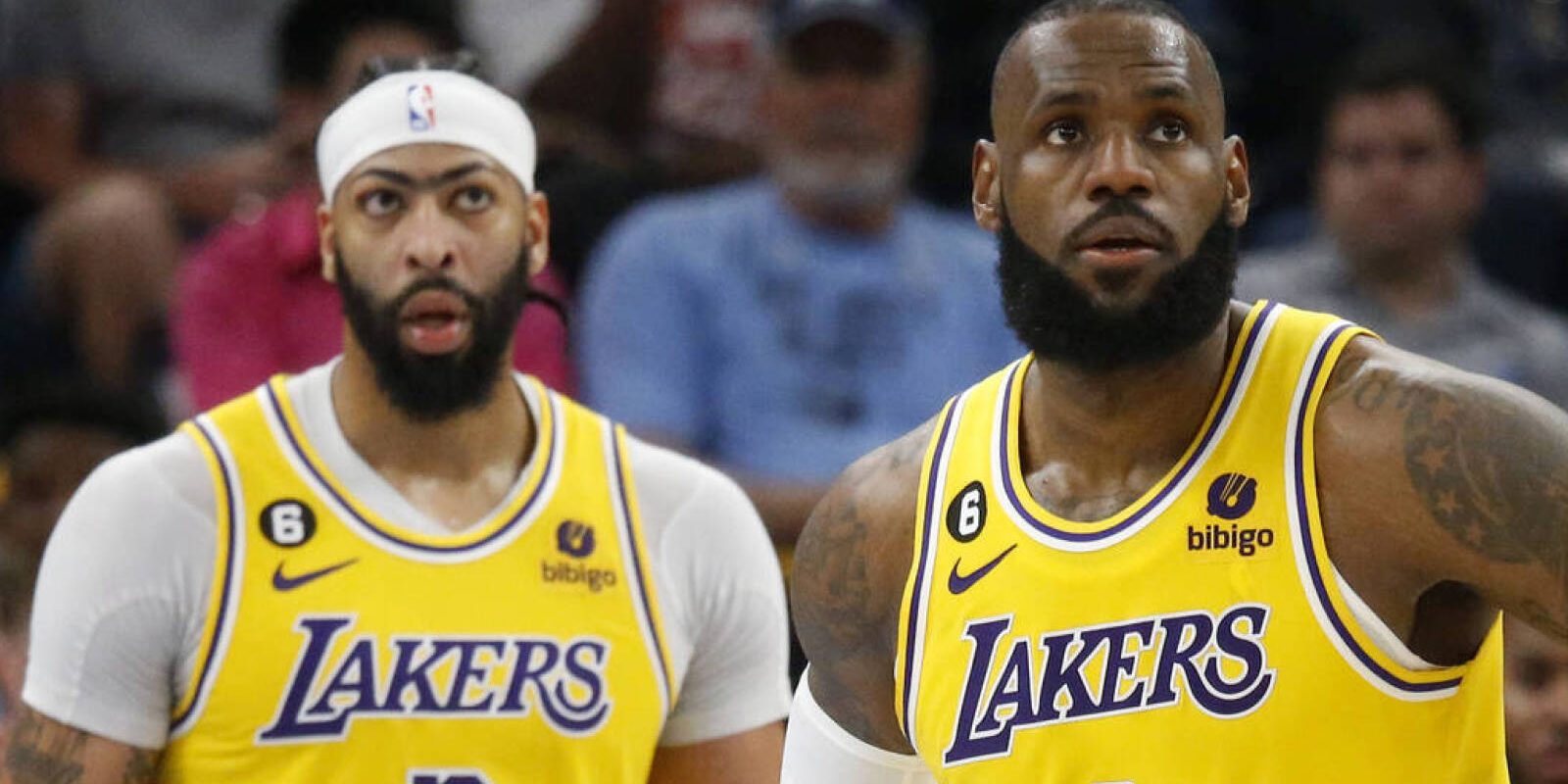 Apr 19, 2023; Memphis, Tennessee, USA; Los Angeles Lakers forward Anthony Davis (3) and forward LeBron James (6) watch during the second half during game two of the 2023 NBA playoffs against the Memphis Grizzlies at FedExForum. Mandatory Credit: Petre Thomas-USA TODAY Sports